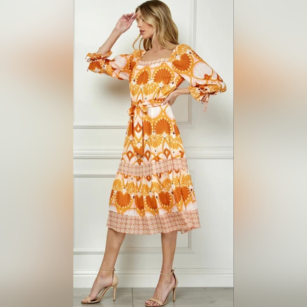 Orange Patterned Women's Dress - Picture 4 of 6